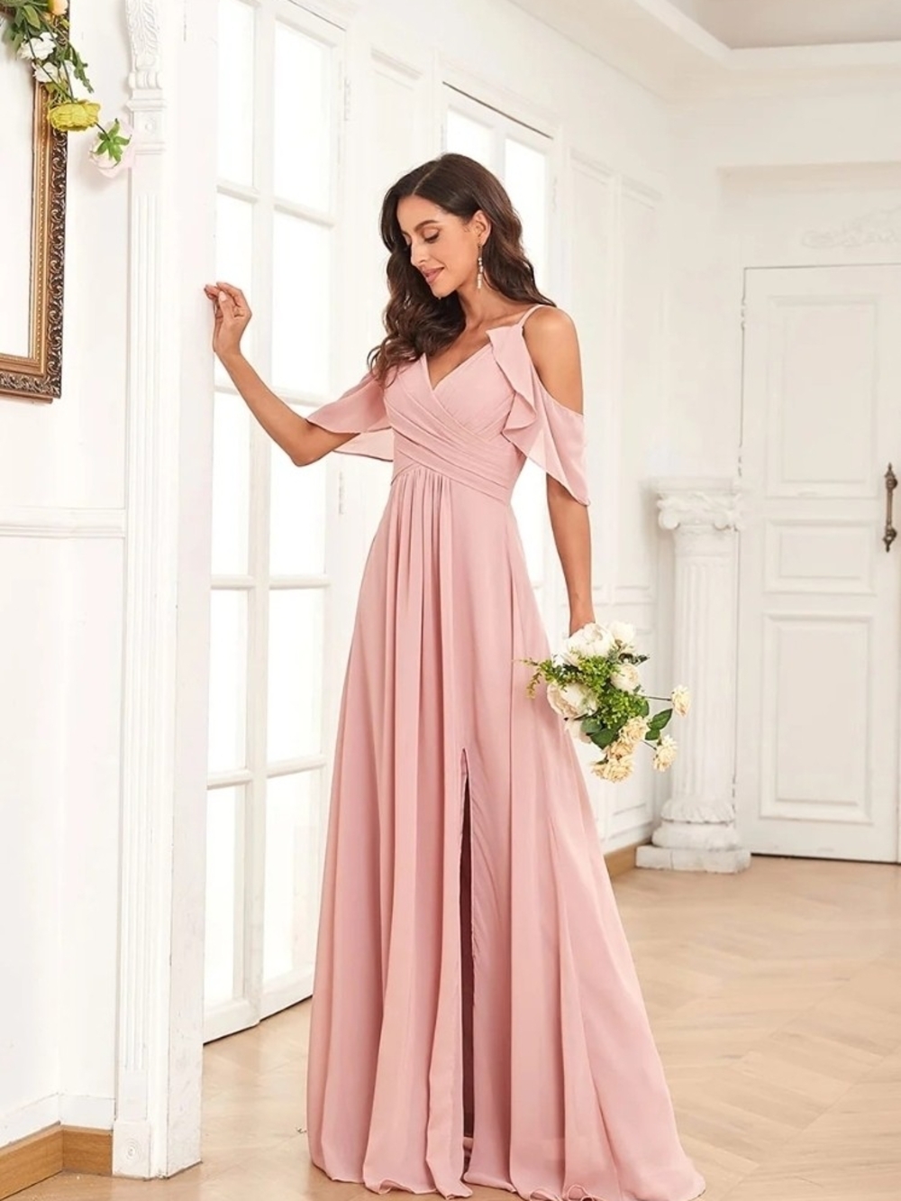 Elegant Cold-Shoulder Burgundy Maxi Dress- NOT CORRECT COLOR IN PHOTO
